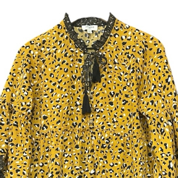 Umgee Leopard Print Bell Sleeve Mini Dress Ruffle Detail Tassel Tie Size Small - Picture 5 of 10